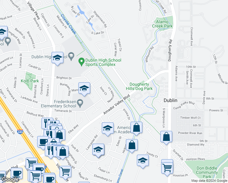map of restaurants, bars, coffee shops, grocery stores, and more near 7279 Newcastle Lane in Dublin