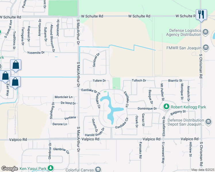 map of restaurants, bars, coffee shops, grocery stores, and more near 1867 Crater Place in Tracy