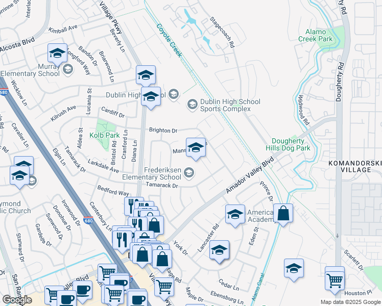 map of restaurants, bars, coffee shops, grocery stores, and more near 6986 Mansfield Avenue in Dublin