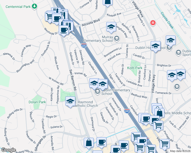 map of restaurants, bars, coffee shops, grocery stores, and more near 8271 Cavalier Lane in Dublin