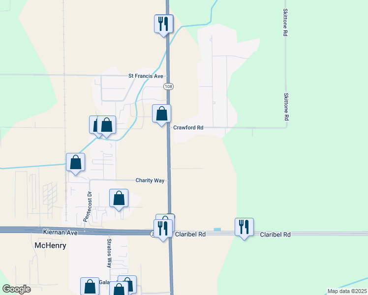 map of restaurants, bars, coffee shops, grocery stores, and more near 212 Crawford Road in Modesto