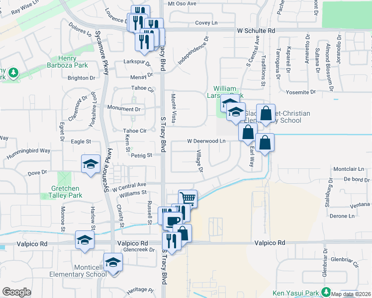 map of restaurants, bars, coffee shops, grocery stores, and more near 460 Deerwood Lane in Tracy