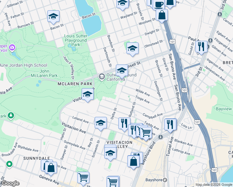 map of restaurants, bars, coffee shops, grocery stores, and more near 25 Ervine Street in San Francisco