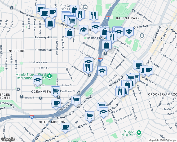 map of restaurants, bars, coffee shops, grocery stores, and more near 55 Majestic Avenue in San Francisco