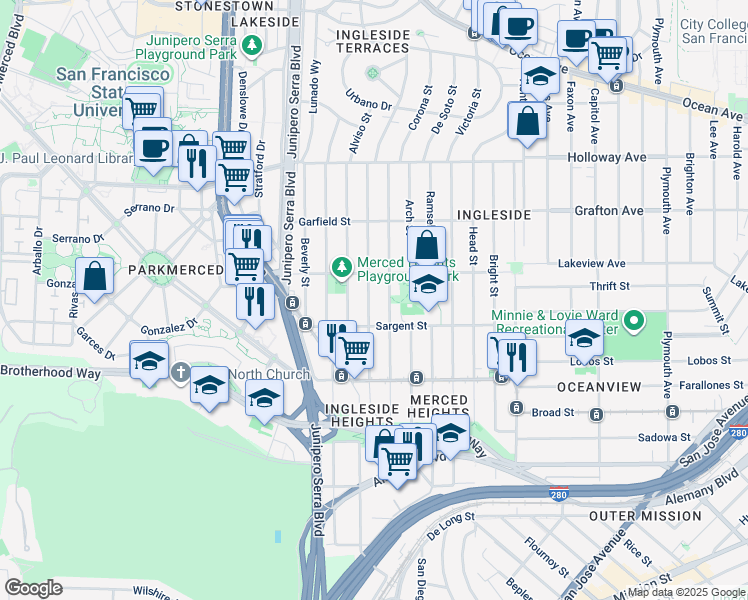 map of restaurants, bars, coffee shops, grocery stores, and more near 279 Ralston Street in San Francisco