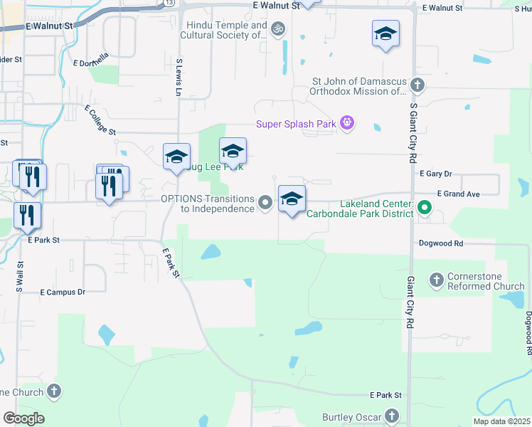 map of restaurants, bars, coffee shops, grocery stores, and more near 1225 East Grand Avenue in Carbondale