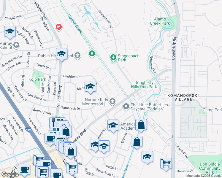 map of restaurants, bars, coffee shops, grocery stores, and more near 7347 Ione Court in Dublin