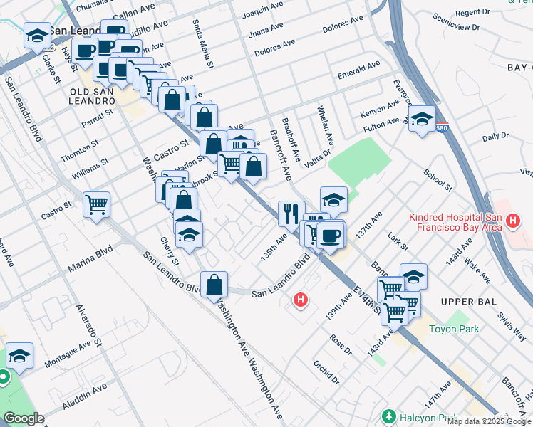 map of restaurants, bars, coffee shops, grocery stores, and more near 2399 East 14th Street in San Leandro