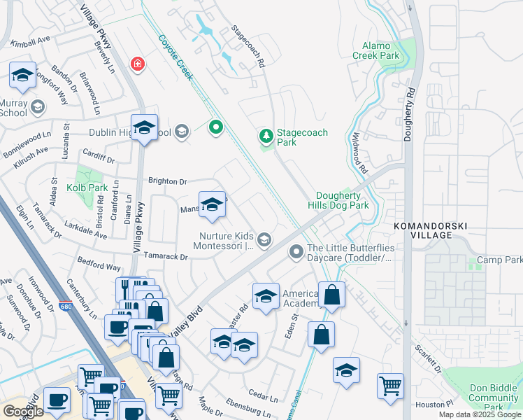 map of restaurants, bars, coffee shops, grocery stores, and more near 7347 Ione Court in Dublin