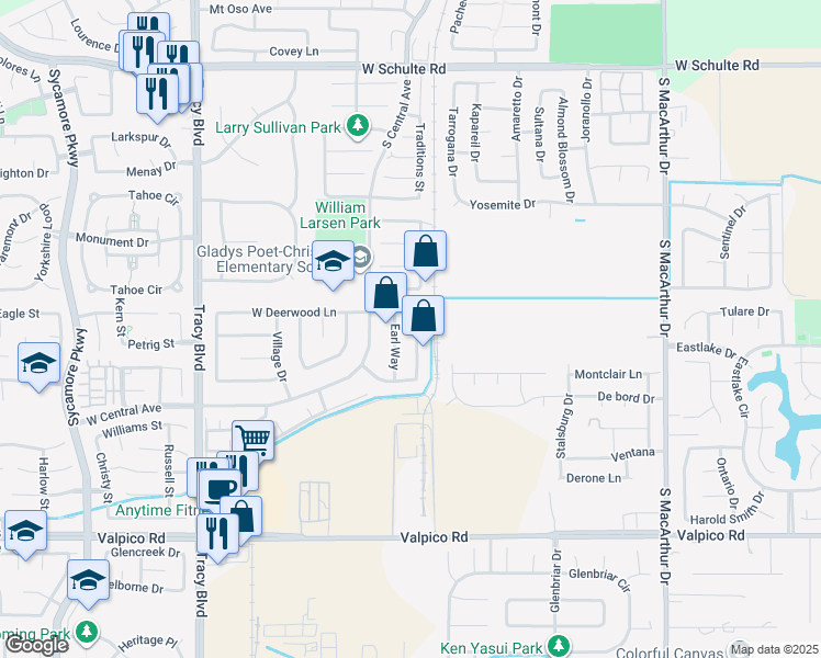 map of restaurants, bars, coffee shops, grocery stores, and more near 1861 Ashland Drive in Tracy