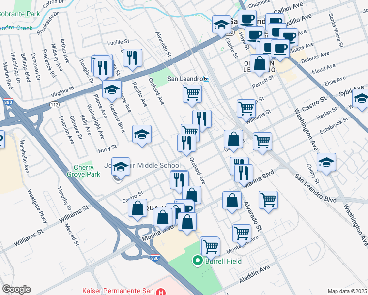 map of restaurants, bars, coffee shops, grocery stores, and more near 1751 Orchard Avenue in San Leandro