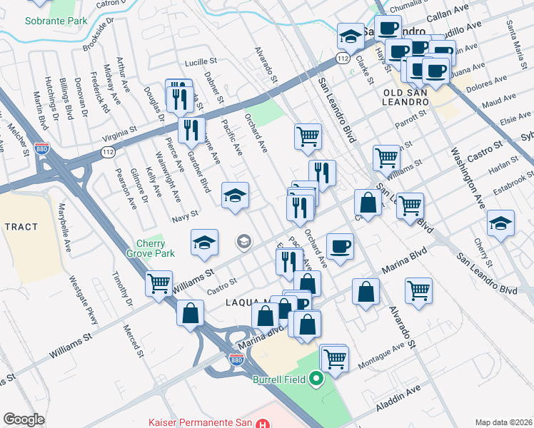 map of restaurants, bars, coffee shops, grocery stores, and more near 1722 Eveleth Avenue in San Leandro
