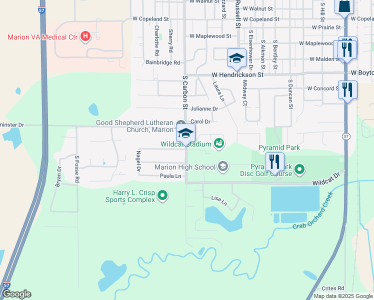 map of restaurants, bars, coffee shops, grocery stores, and more near 1501 South Carbon Street in Marion