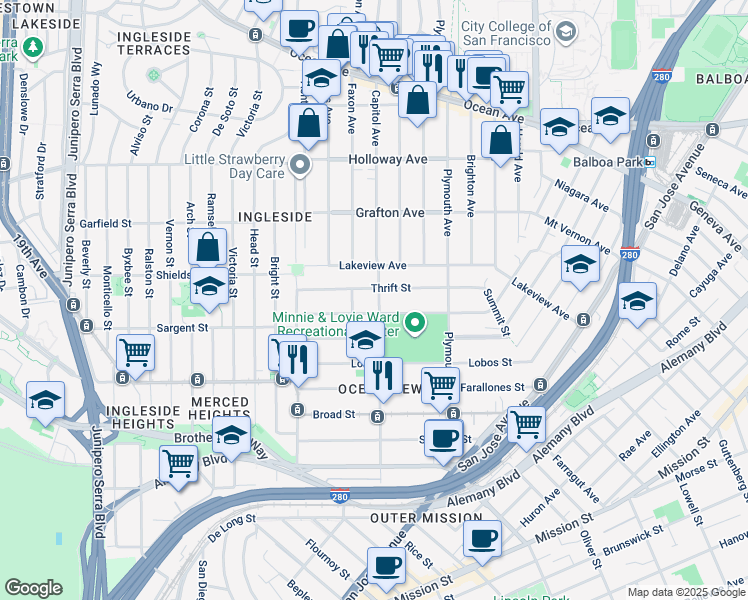 map of restaurants, bars, coffee shops, grocery stores, and more near 733 Capitol Avenue in San Francisco