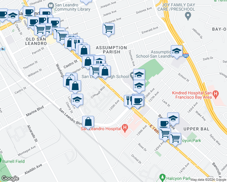 map of restaurants, bars, coffee shops, grocery stores, and more near 2401 East 14th Street in San Leandro