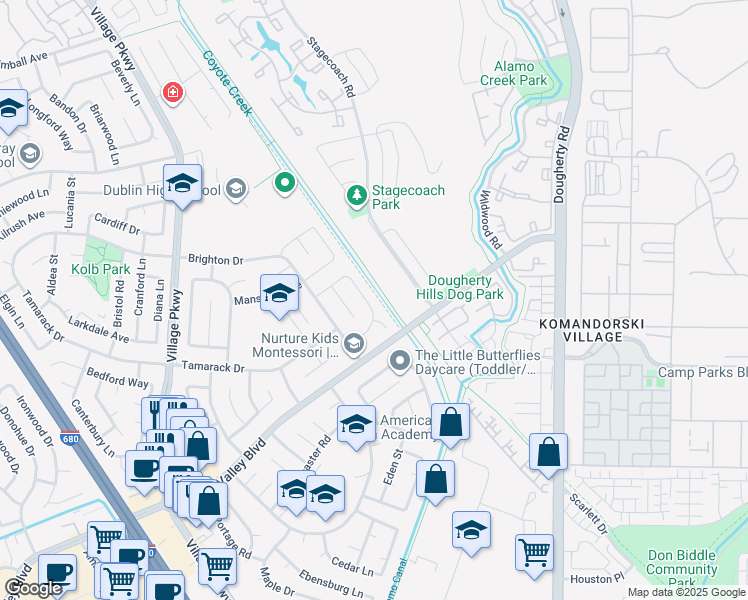 map of restaurants, bars, coffee shops, grocery stores, and more near 7301 Newcastle Lane in Dublin