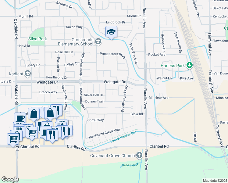 map of restaurants, bars, coffee shops, grocery stores, and more near 5457 Claimstake Court in Riverbank