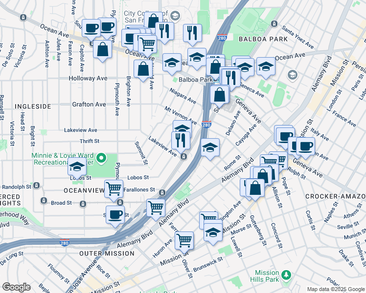 map of restaurants, bars, coffee shops, grocery stores, and more near 55 Majestic Avenue in San Francisco