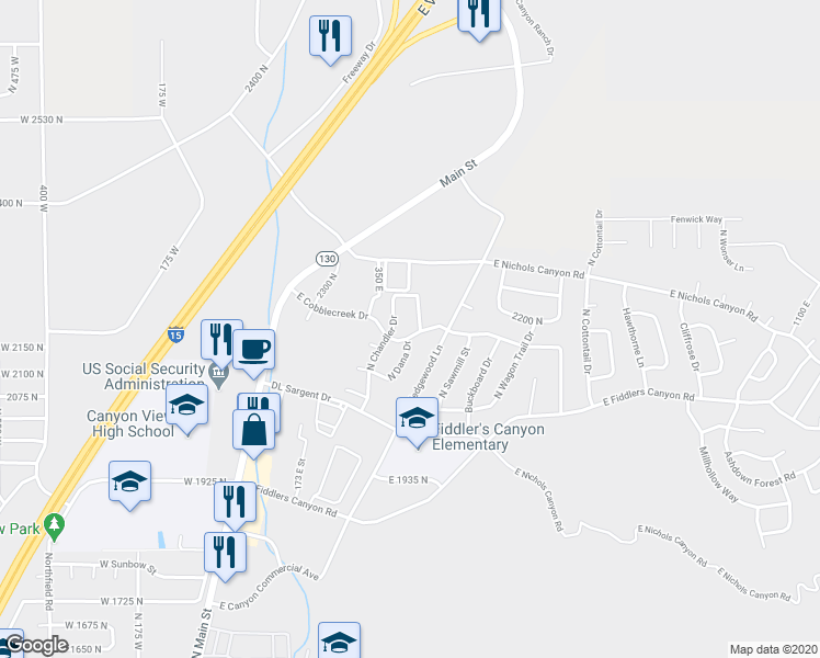 map of restaurants, bars, coffee shops, grocery stores, and more near 2206 Chandler Drive in Cedar City