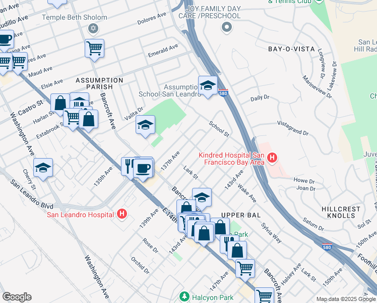 map of restaurants, bars, coffee shops, grocery stores, and more near 1657 138th Avenue in San Leandro