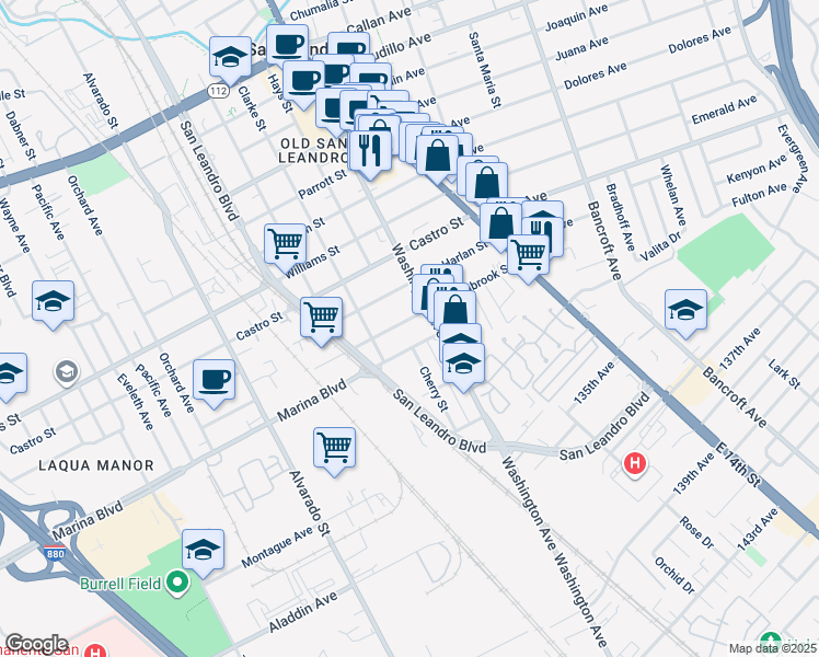 map of restaurants, bars, coffee shops, grocery stores, and more near 250 Estabrook Street in San Leandro