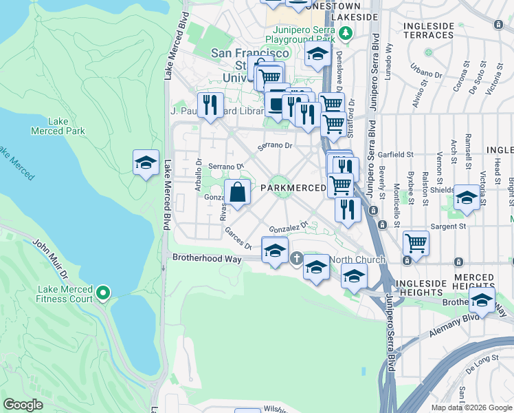 map of restaurants, bars, coffee shops, grocery stores, and more near 4 Bucareli Drive in San Francisco