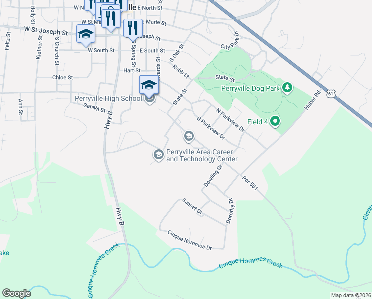 map of restaurants, bars, coffee shops, grocery stores, and more near 326 College Street in Perryville