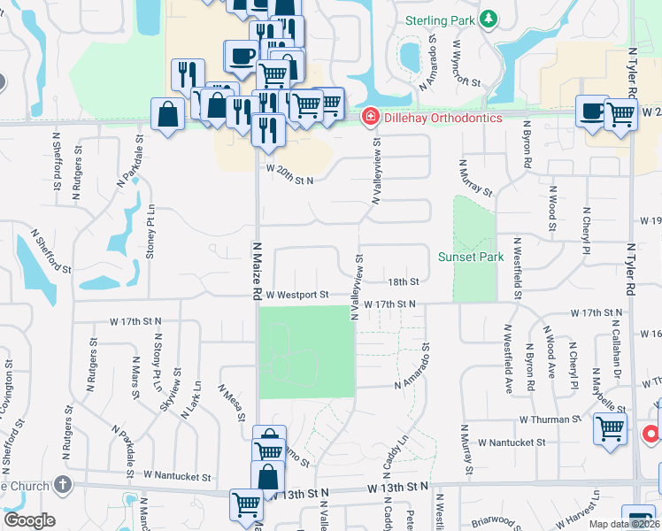 map of restaurants, bars, coffee shops, grocery stores, and more near 10107 West Jamesburg Street in Wichita