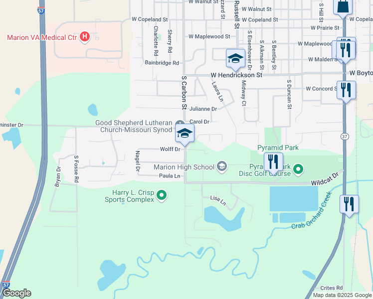 map of restaurants, bars, coffee shops, grocery stores, and more near 1737 Castleberry Drive in Marion