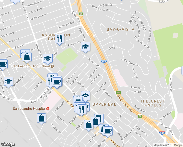 map of restaurants, bars, coffee shops, grocery stores, and more near 1725 140th Avenue in San Leandro