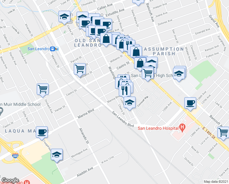 map of restaurants, bars, coffee shops, grocery stores, and more near 265 Estabrook Street in San Leandro