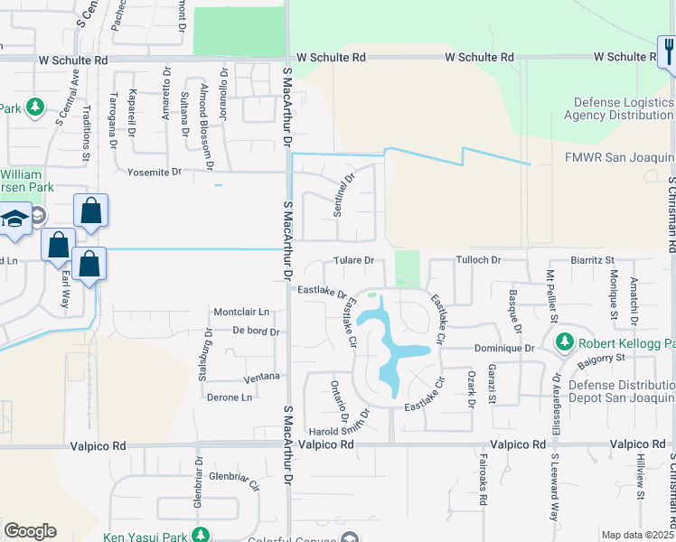 map of restaurants, bars, coffee shops, grocery stores, and more near 1843 Oswego Court in Tracy