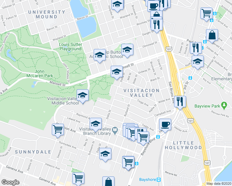 map of restaurants, bars, coffee shops, grocery stores, and more near Delta St & Tioga Ave in San Francisco