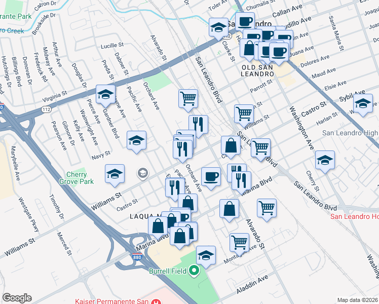 map of restaurants, bars, coffee shops, grocery stores, and more near 857 Thornton Street in San Leandro