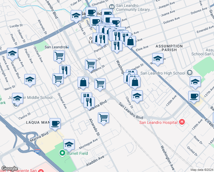 map of restaurants, bars, coffee shops, grocery stores, and more near in San Leandro