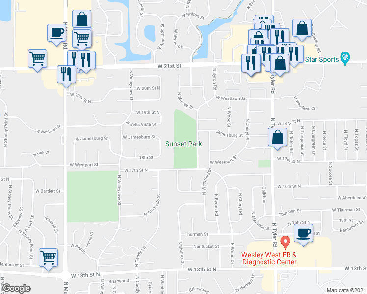 map of restaurants, bars, coffee shops, grocery stores, and more near 1851 North Keith Street in Wichita