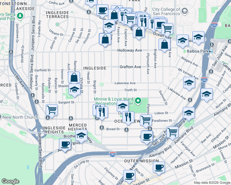 map of restaurants, bars, coffee shops, grocery stores, and more near 222 Thrift Street in San Francisco