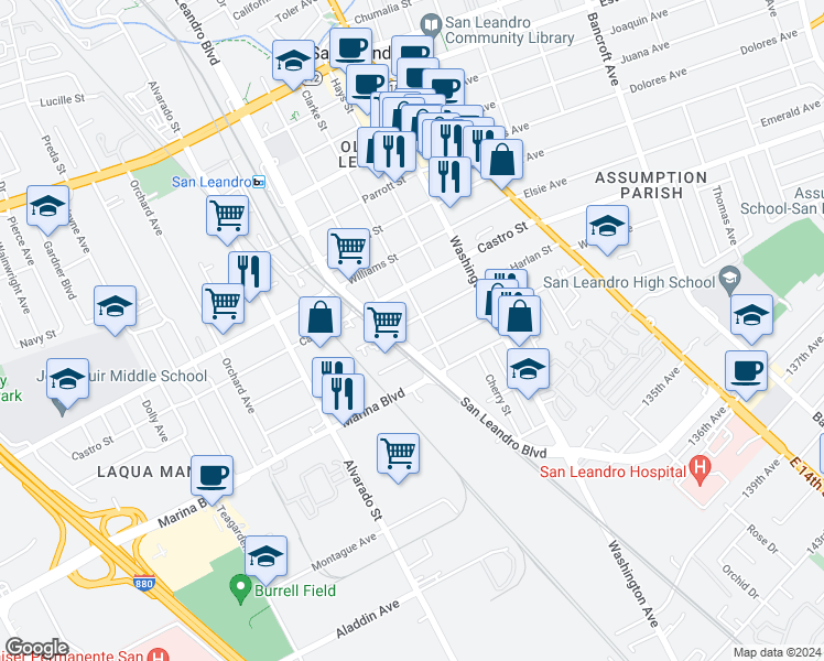 map of restaurants, bars, coffee shops, grocery stores, and more near 496 Harlan Street in San Leandro