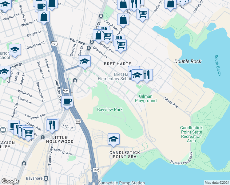 map of restaurants, bars, coffee shops, grocery stores, and more near 863 Jamestown Avenue in San Francisco