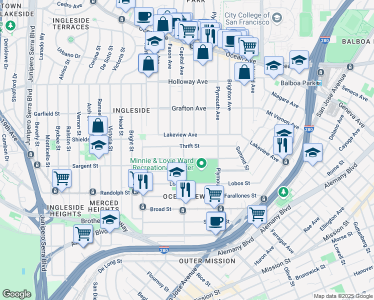 map of restaurants, bars, coffee shops, grocery stores, and more near 184 Thrift Street in San Francisco