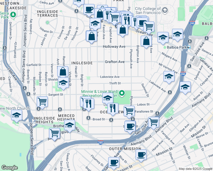 map of restaurants, bars, coffee shops, grocery stores, and more near 222 Thrift Street in San Francisco