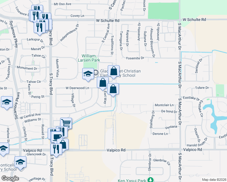 map of restaurants, bars, coffee shops, grocery stores, and more near 1821 Ashland Drive in Tracy