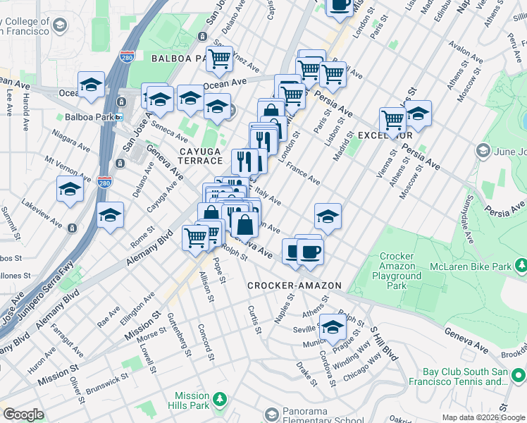 map of restaurants, bars, coffee shops, grocery stores, and more near 743 London Street in San Francisco