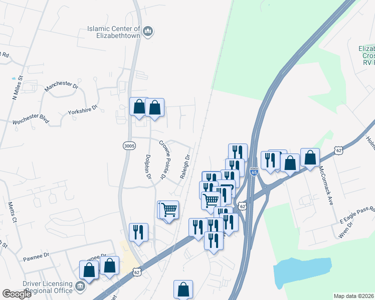 map of restaurants, bars, coffee shops, grocery stores, and more near 1115 Regency Way in Elizabethtown