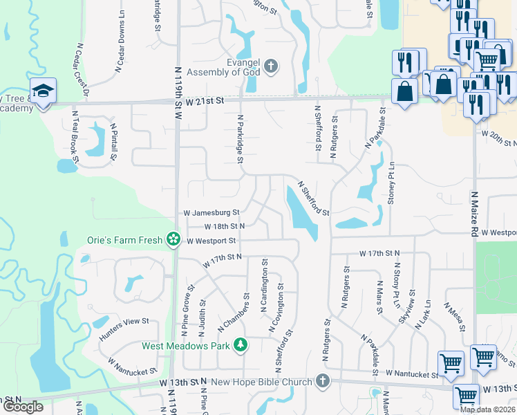 map of restaurants, bars, coffee shops, grocery stores, and more near 1917 North Covington Street in Wichita
