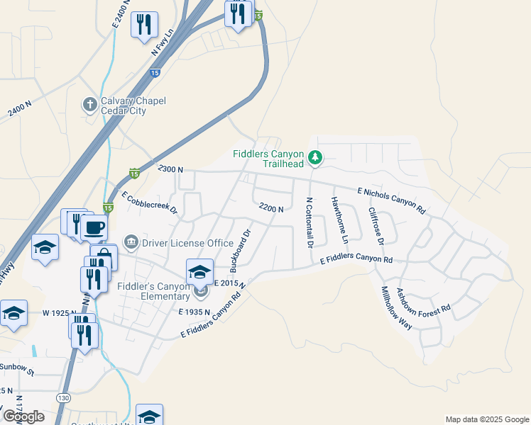 map of restaurants, bars, coffee shops, grocery stores, and more near 708 East Red Cedar Drive in Cedar City