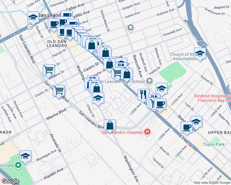 map of restaurants, bars, coffee shops, grocery stores, and more near 2269 Croyden Place in San Leandro
