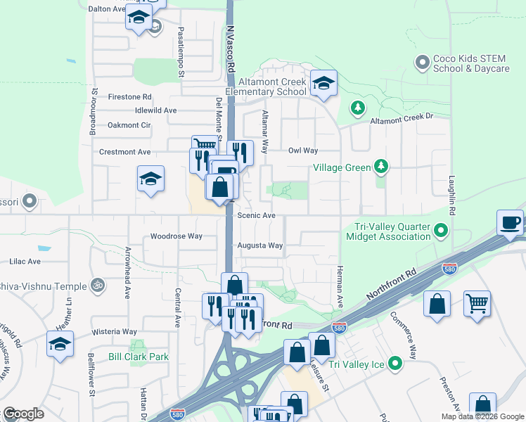 map of restaurants, bars, coffee shops, grocery stores, and more near 6177 Fieldstone Drive in Livermore