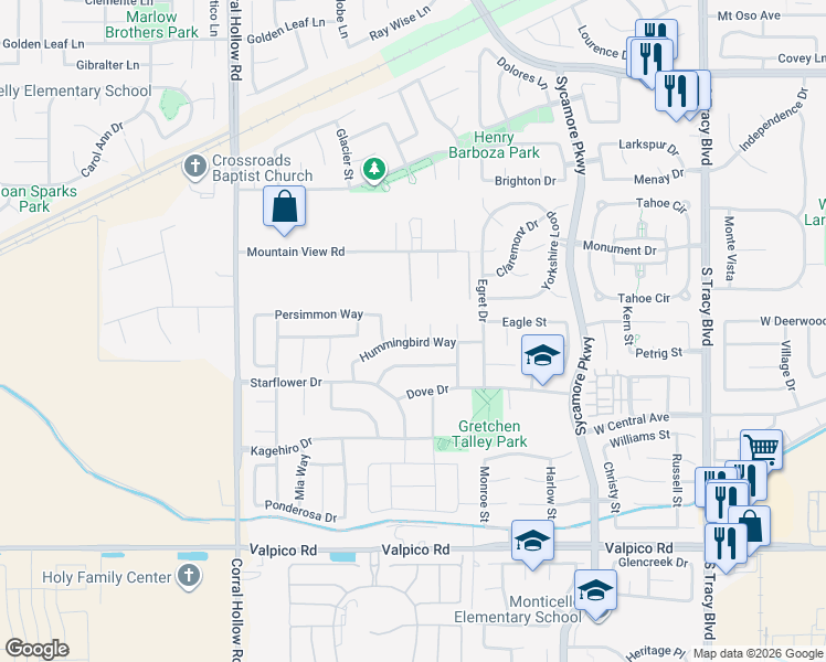 map of restaurants, bars, coffee shops, grocery stores, and more near 1848 Crocus Court in Tracy