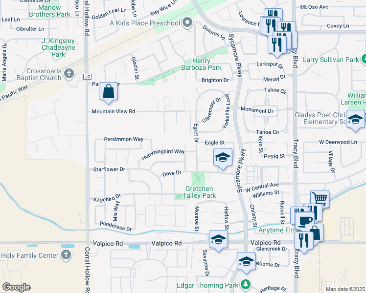 map of restaurants, bars, coffee shops, grocery stores, and more near 1855 Foxclove Court in Tracy